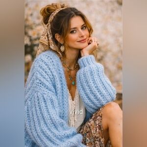 Anthropologie Oversized Knit Cardigan Size One Size Light Blue NWT $250 Soldout
